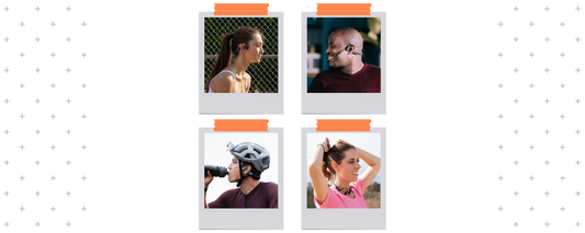 Graphic of four Shokz products. Top row from left to right: OpenMove, OpenComm UC. Bottom row from left to right: OpenRun Pro, OpenRun